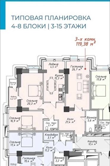 ищу квартиру дордой рынок рядом: 3 комнаты, 119 м², Элитка, 11 этаж, ПСО (под самоотделку)