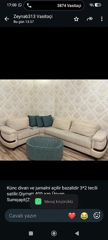 Künc divan ve jurnalni açilir bazalidir 3*2 tecili satilir.Qiymeti 400
