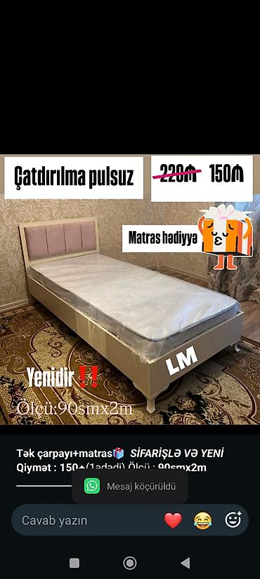 *Tək çarpayı+matras🎁* _*SİFARİŞLƏ VƏ YENİ*_ *Qiymət : 150₼*(1ədədi) lalafo.az -da *Tək çarpayı+matras🎁* _*SİFARİŞLƏ VƏ YENİ*_ *Qiymət : 150₼*(1ədədi)