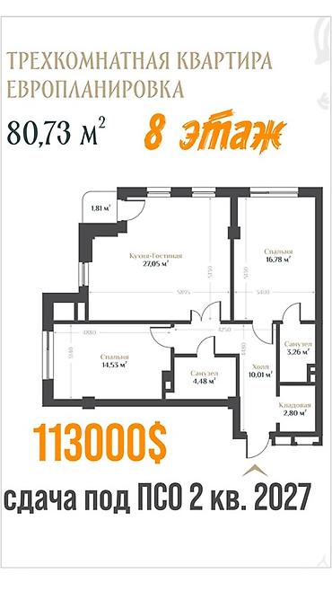 ayar group 3: 3 комнаты, 81 м², 8 этаж, ПСО (под самоотделку) — 1