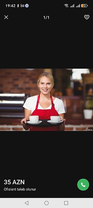 Ofisiantlar: Ofisiant tələb olunur, Kafe, Gündəlik ödəniş, İstənilən yaş, Təcrübəsiz — 1
