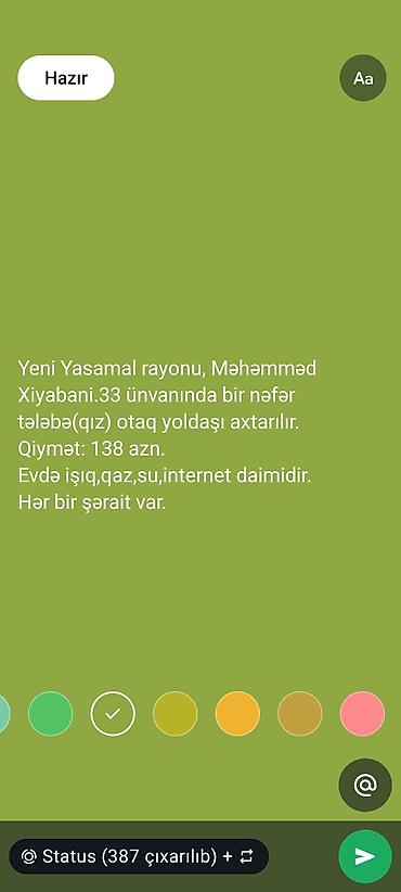 mehemmedi: Yeni Yasamal rayonu, Məhəmməd Xiyabani 33 ünvanında 1 nəfər tələbə qız — 1