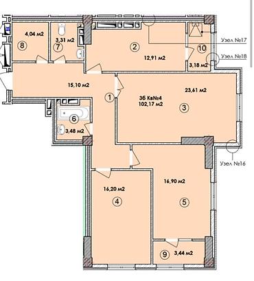 Строится, Элитка, 3 комнаты, 102 м²