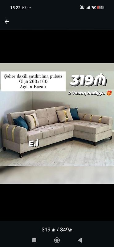 Künc divan – açılan bazalı model - Ölçü: 260 x 160 sm - Şəhərdaxili