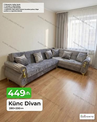 Divanlar: Künc Divan – 280×200 sm - Mexanizm: açılan, bazalı (yataq və anbar — 1
