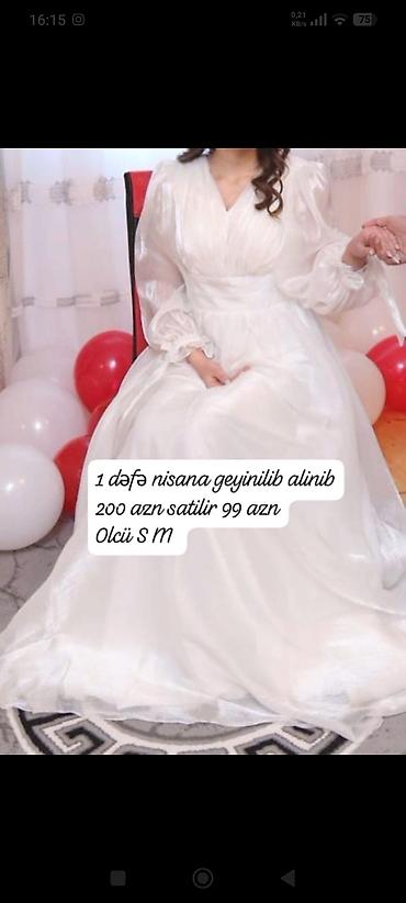 Ağ rəngli zərif gəlin/nişan paltarı. - Model: V-yaxa, beldən yığma