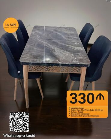 стеклянный стол: Qonaq otağı üçün, Açılan, Dördbucaq masa, 4 stul