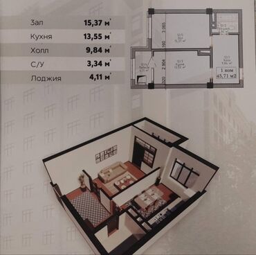 12 микрорайон квартиры: 1 комната, 45 м², 5 этаж