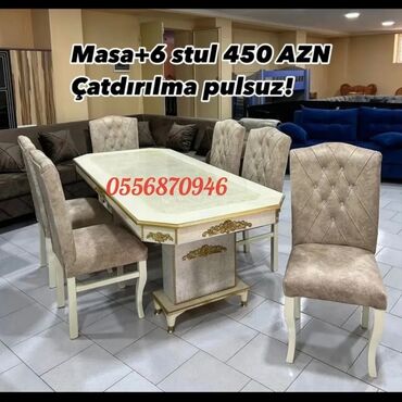 Masa və oturacaq dəstləri: Qonaq otağı üçün, Yeni, Açılmayan, Dördbucaq masa, 6 stul — 6