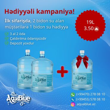 19 litrelik su qabları: Qiymət 3.50 Azn. Suyun təbii qaynağından toplanmış minerallarla zəngin