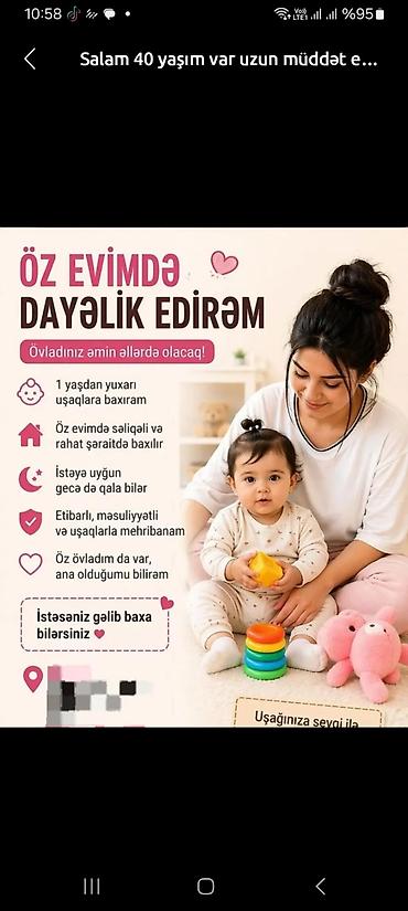 daye isi axtariram: Yasamalda qaliram öz evimde uşaga baxiram 4 il tecrubem var usaqlarla — 1
