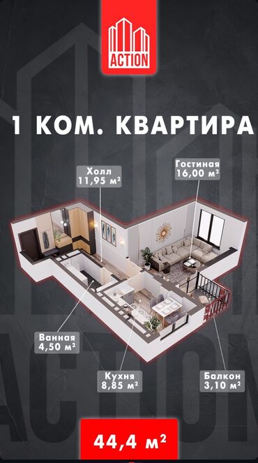 Продажа квартир: 1 комната, 44 м², Элитка, 6 этаж, ПСО (под самоотделку)