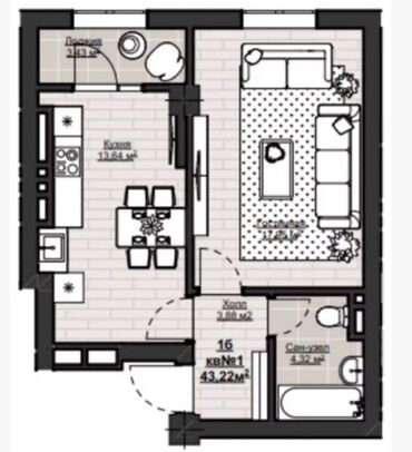 квартира в асанбае: 1 комната, 43 м², Элитка, 8 этаж