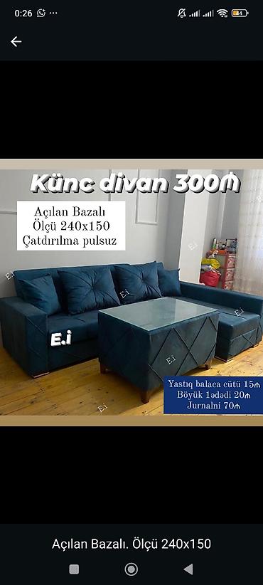 Künc divan – açılan, bazalı model - Ölçü: 240 x 150 sm - Rəng: tünd