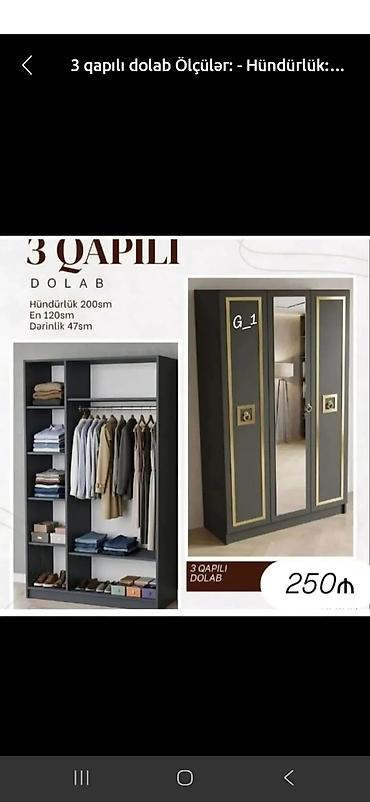 Ev üçün mebel: 3 qapılı paltar dolabı Ölçülər: - Hündürlük: 200 sm - En: 120 sm - — 1