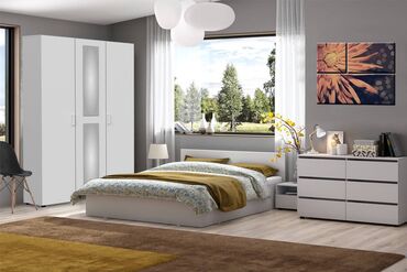 лофт мебель: Спальный гарнитур, Двуспальная кровать, Шкаф, Комод, цвет - Белый, В рассрочку, Новый