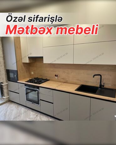 mdf metbex mebelleri: Özəl sifarişlə hazırlanmış mətbəx mebeli - Düz xəttli, müasir dizayn