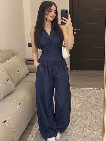İki hissəli qadın dəsti – tünd mavi (denim effektli) parça - Yuxarı lalafo.az -da İki hissəli qadın dəsti – tünd mavi (denim effektli) parça - Yuxarı