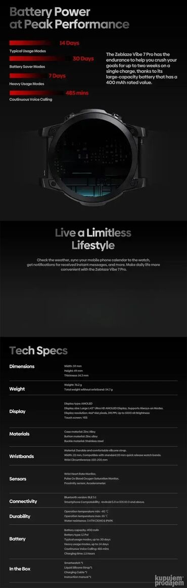 Ručni satovi: Zeblaze VIBE 7 PRO Pametni Sat ⌚ Karakteristike: 1,43 inča AMOLED — 10