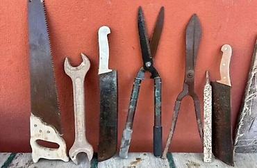 Mexaniki əl alətləri: Bağ və təsərrüfat üçün müxtəlif əl alətləri dəsti. Şəkillərdə — 1