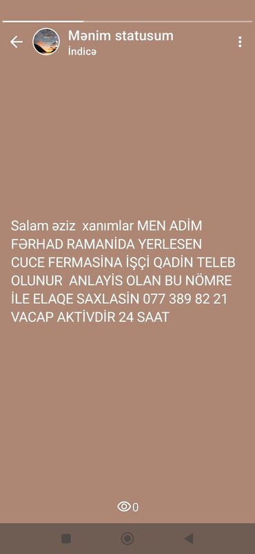 СТО, автобизнес: Ramanı qəsəbəsində yerləşən toyuq fermasına işçi xanım tələb olunur