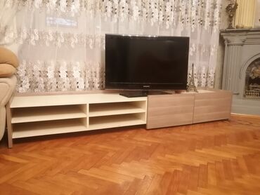 черный пол: Прямой ТВ стенд, С полками, Деревянный