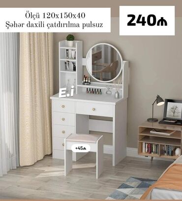 Стулья: Ağ rəngli makiyaj masası dəsti - Ölçü: 120×150×40 sm (üst hissədə