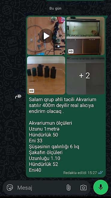 akvarum matoru: Akvarium və şkaf dəsti Akvarium: - Ölçülər: uzunluq 1 metr, hündürlük — 1