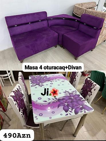 Mətbəx dəsti: şüşə üstlü masa + 4 oturacaq + divan - Masa: parlaq lalafo.az -da Mətbəx dəsti: şüşə üstlü masa + 4 oturacaq + divan - Masa: parlaq