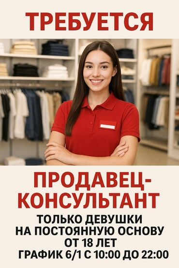 я ищу работы: Талап кылынат Сатуучу консультант га Кийим-кече дүкөнү, Иш тартиби: Алты күндүк, Тамактануу, Толук жумуш күнү