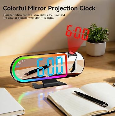 саат: Проекционные настольные часы с зеркальным дисплеем и RGB‑подсветкой - — 4