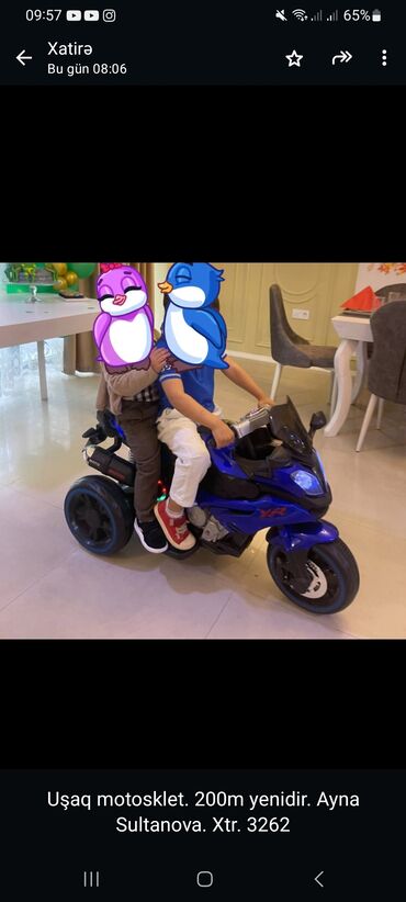 Uşaq üçün elektrik maşınları: Uşaq motosklet. 200m yenidir. Ayna Sultanova. Xtr. 3262