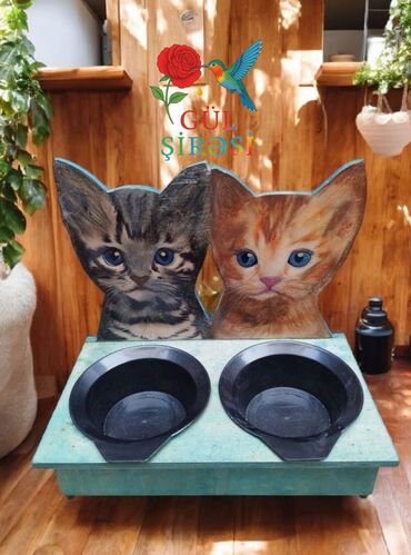 Su və yem qabları: Məhsul: Pişik temalı qidalandırıcı stendlər - Dizayn: Taxta əsaslı — 4