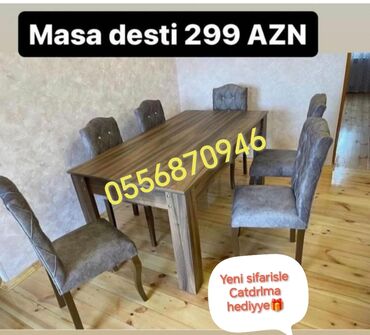 Masa və oturacaq dəstləri: Qonaq otağı üçün, Yeni, Açılmayan, Dördbucaq masa, 6 stul — 1