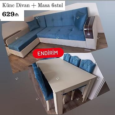 mətbəx divani: Künc divan + masa və 6 stul dəsti - Mavi və bej rəng kombinasiyalı — 1