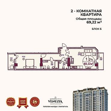 бишкнк: 2 комнаты, 69 м², Бишкек Парк ТРЦ 3 этаж, ПСО (под самоотделку) — 1