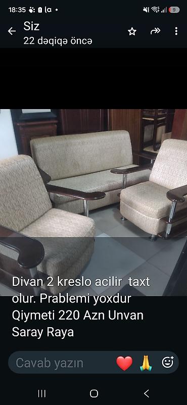 stollar ve stullar: Divan və 2 kreslodan ibarət mebel dəsti. - Divan açılır, taxta — 1