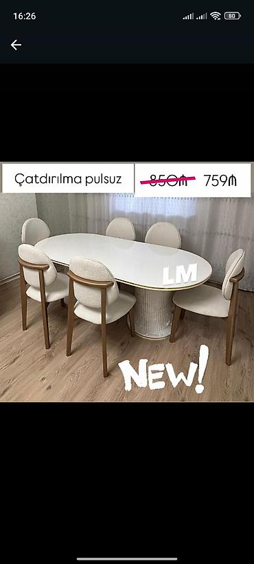 salon stullari: Mətbəx üçün, Yeni, Açılmayan, Oval masa, 6 stul — 1