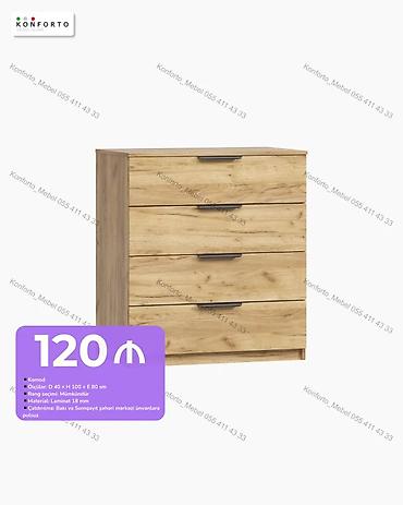 ucuz kamot: Komod – 4 çekmecəli, taxta teksturalı dizayn - Ölçülər: D 40 × H 100 — 1