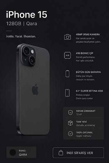 IPhone 15, Qara, Face ID, Simsiz şarj, Barmaq izi lalafo.az -da IPhone 15, Qara, Face ID, Simsiz şarj, Barmaq izi