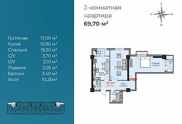 venezia: 2 комнаты, 70 м², Асанбай мкр Элитка, 12 этаж, ПСО (под самоотделку) — 1