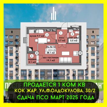 Продажа участков: 1 комната, 38 м², Элитка, 12 этаж, ПСО (под самоотделку)