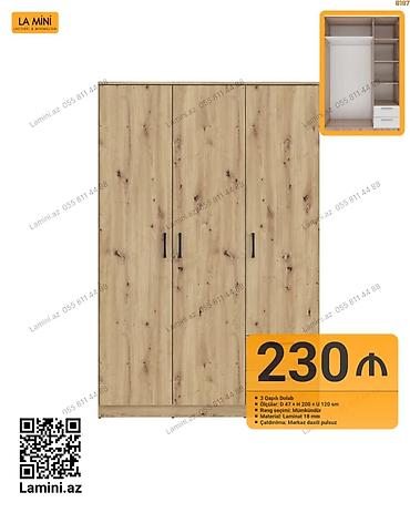 Mebel: 3 qapılı geyim dolabı - Ölçülər: dərinlik 47 sm, hündürlük 200 sm, en — 1