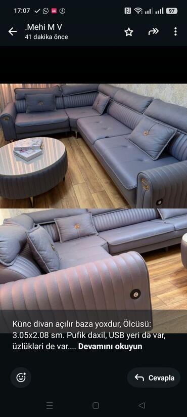Künc divan açılır baza yoxdur, Ölcüsü: 3.05x2.08 sm. Pufik daxil, USB