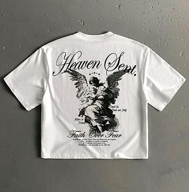 cap isləri: SheIn Unisex qısaqol T‑şört – “Heaven Sent” - Rəng: ağ - Ön hissə — 1