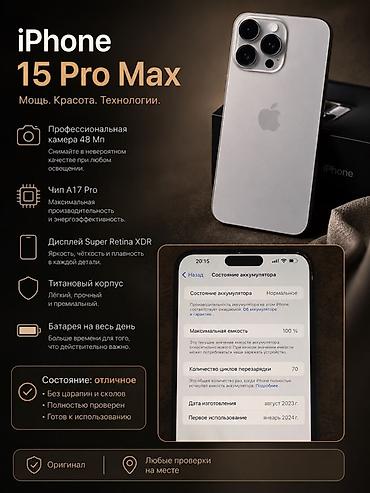 IPhone 15 Pro Max, Б/у, 256 ГБ, Natural Titanium, Чехол, 100 %