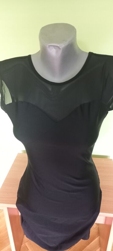 crna lanena haljina: M (EU 38), bоја - Crna, Koktel, klub, Kratkih rukava