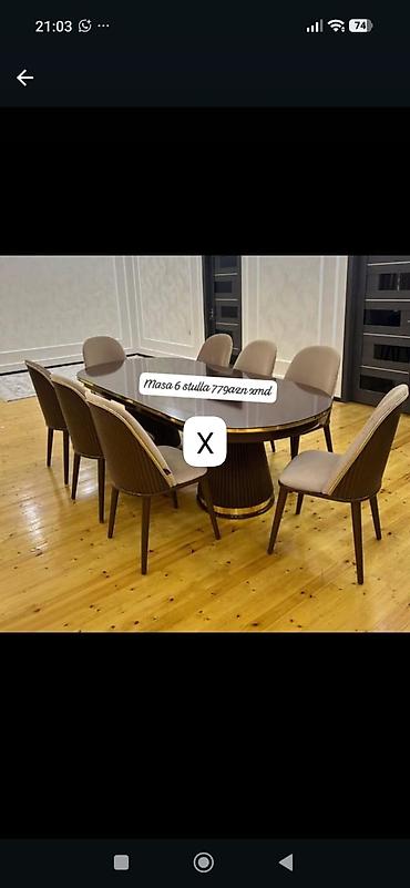 Yemək otağı dəsti – masa + 6 stul - Oval formalı, tünd parlaq səthli