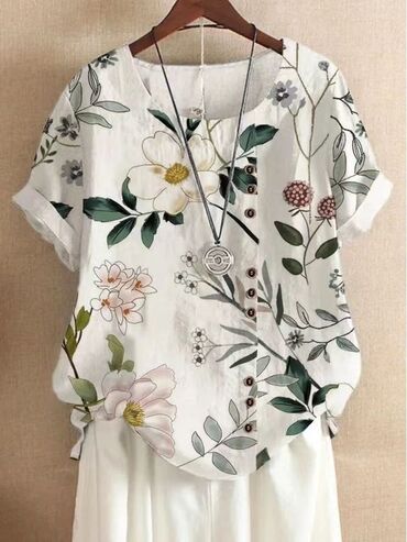 футболка женский: Блузка, Штапель, В цветочек