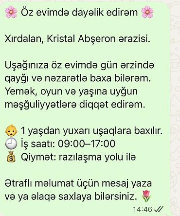 dayə tələb olunur 2018: Xırdalan, Kristal Abşeron ərazisində evimdə dayə xidməti. - Gündəlik — 1